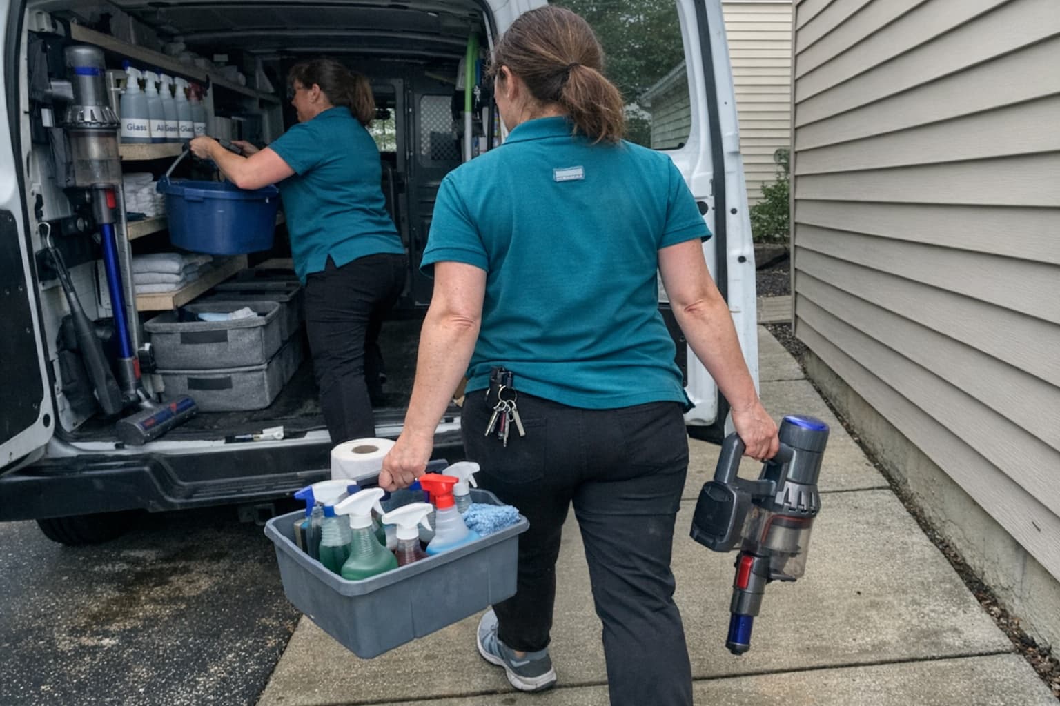 A residential cleaning crew arriving at a home